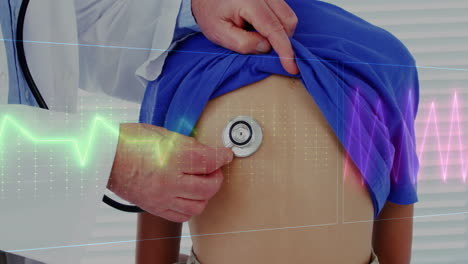animation of cardiographs over caucasian male doctor examining patient
