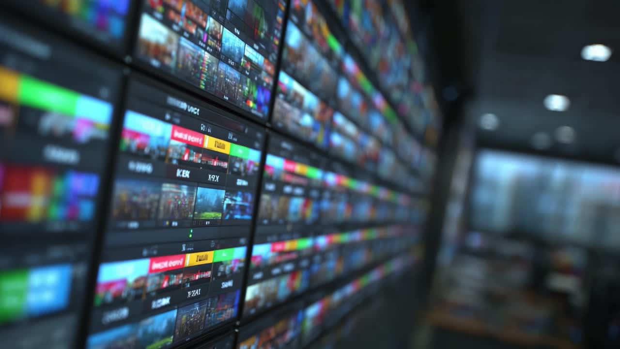 Una pared dinámica de pantallas capturando contenido de video en vivo de diversas fuentes en un entorno de sala de monitoreo de alta tecnología.