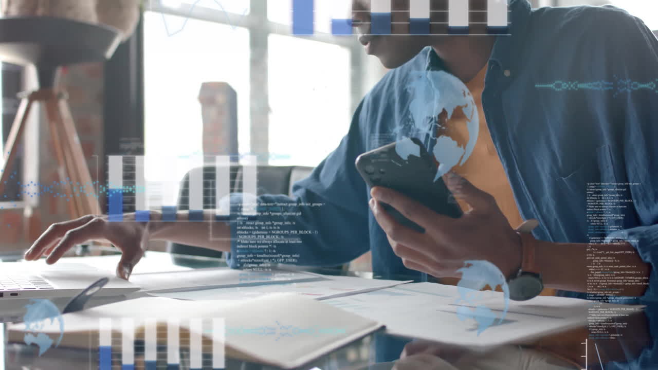 Animation of data processing over african american businessman in office