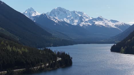 majestic snow-capped mountains, pristine lake, and evergreen forest in british columbia, canada.
