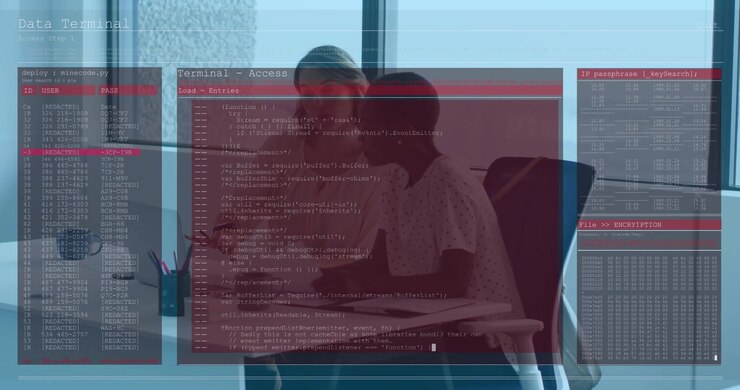 Women talking terminal overlay appearing across scene sharing docs and using laptop tablet for tech