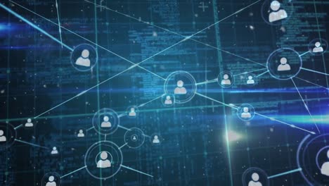 animation of network of connections with icons over data processing
