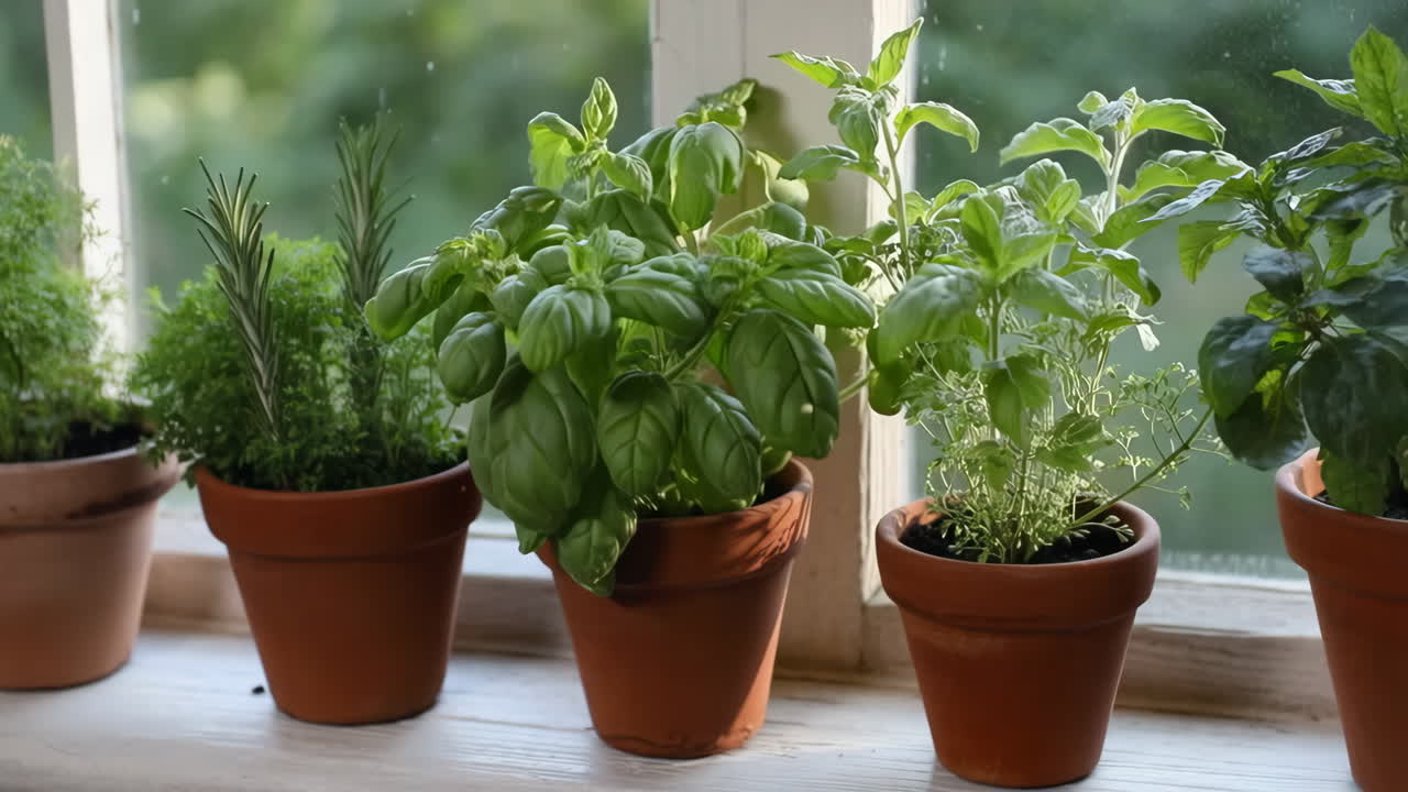 Potted herbs on a window sill