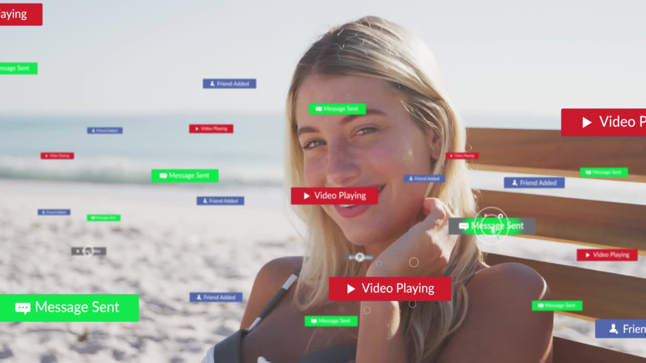 해변에서 휴식을 취하는 여성, 소셜 미디어 알림을 받는 여성, 애니메이션