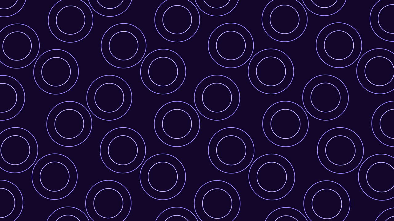 Seamless abstract background of glowing neon rings and concentric circles on a dark purple gradient, ideal for technology, music visuals, and modern motion design