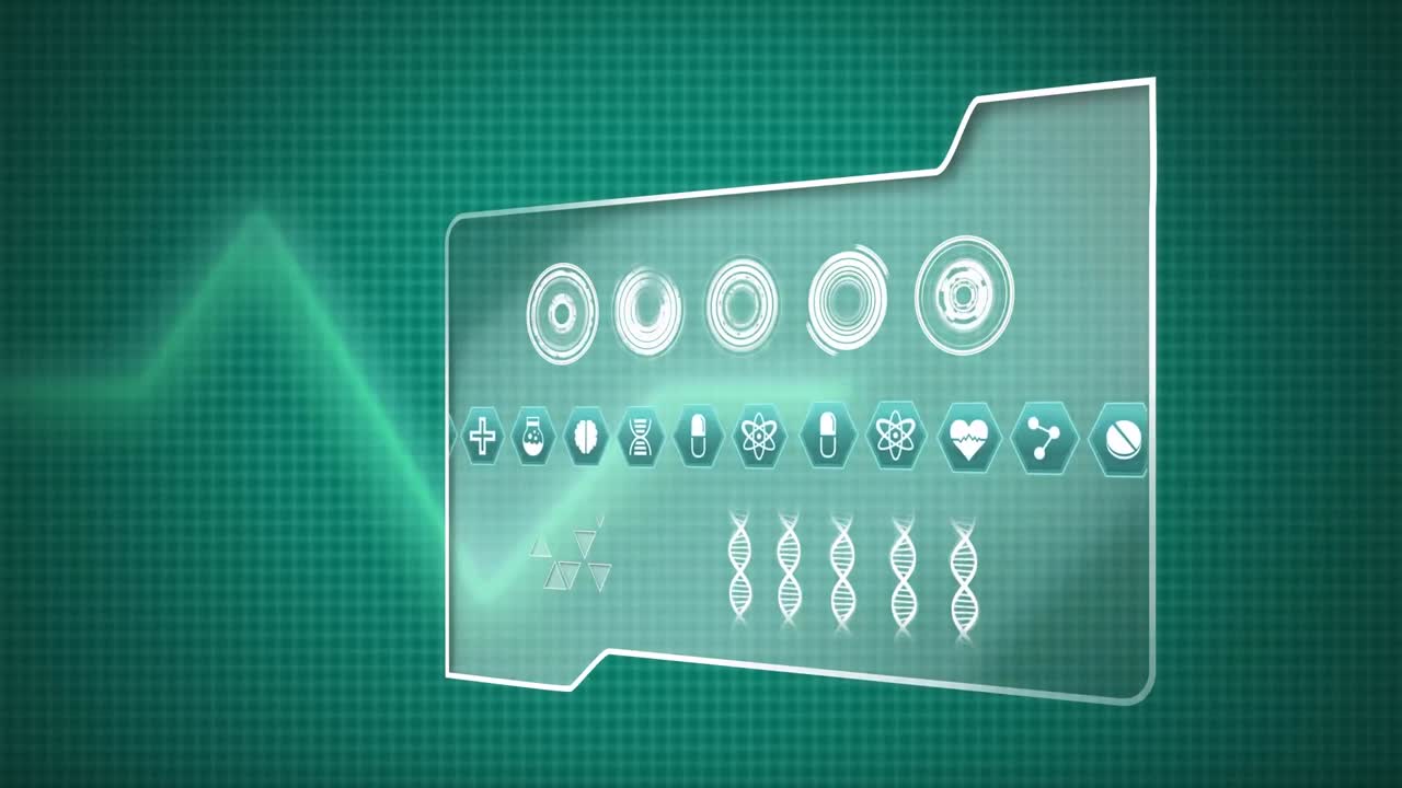 Digital folder with futuristic circles, DNA double helix, and medical icons