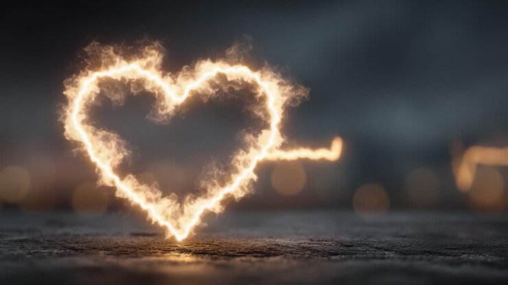 Una rappresentazione visiva accattivante di un cuore formato da fiamme, che si fonde perfettamente con un battito cardiaco vivace, a simboleggiare amore, passione e il battito della vita in uno spettacolo infuocato ipnotizzante.
