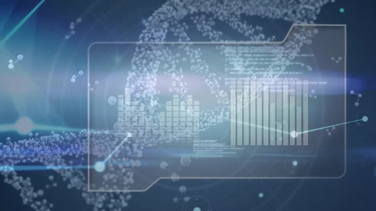 Animation of dna strand spinning over scientific data processing on blue background