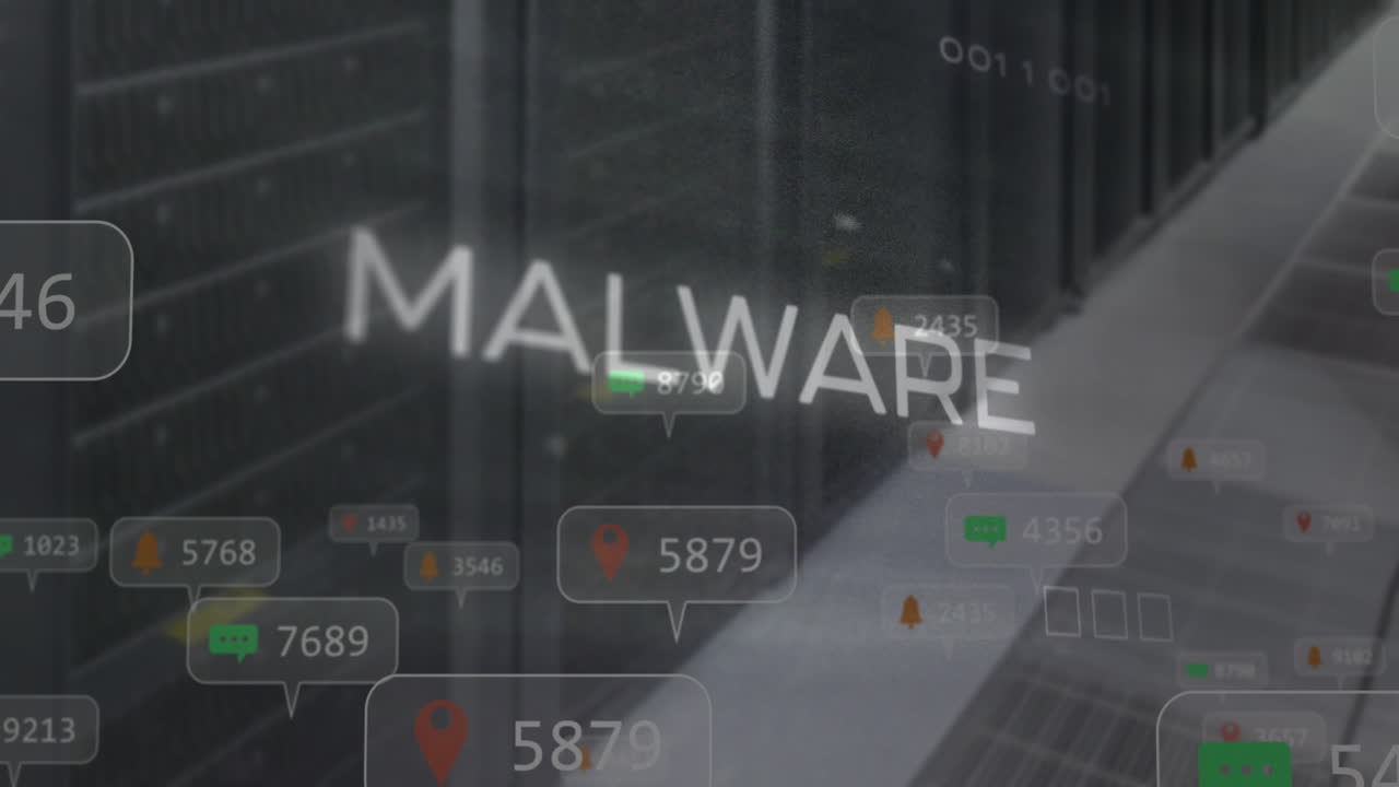 animación de texto de malware sobre el procesamiento de datos y la placa base de la computadora y los servidores.