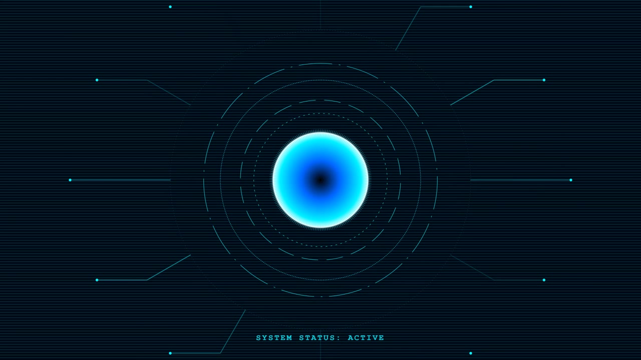 Futuristic Digital Interface with Glowing Blue Core and System Status