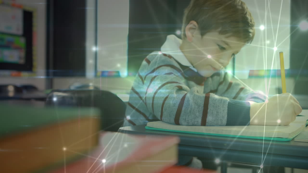 анимация сети связей над счастливым кавказским школьником