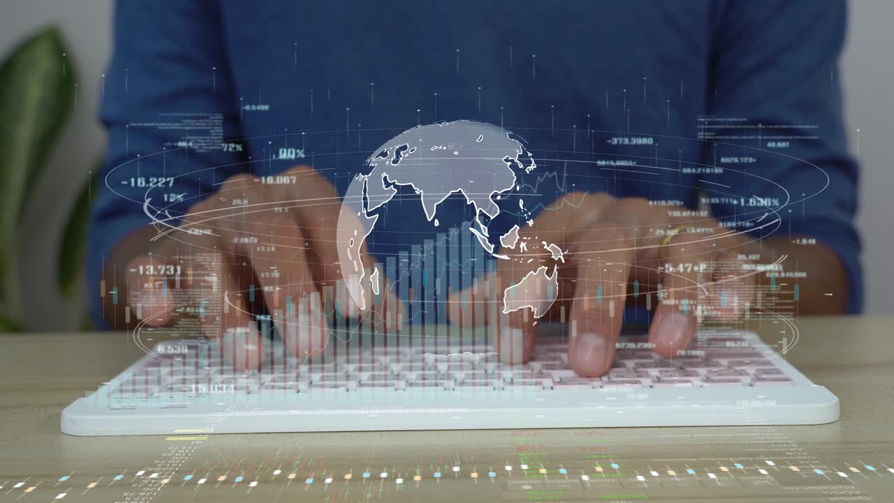 un hombre escribiendo un teclado de computadora para el análisis de datos de negocios holograma.