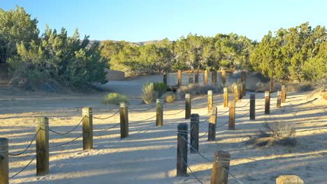 An-empty-desert-walking-path-in-a-nature-preserve-with-Joshua-Trees-and-desert-habitat-plants-during-sunrise-golden-hour-in-Antelope-Valley,-California