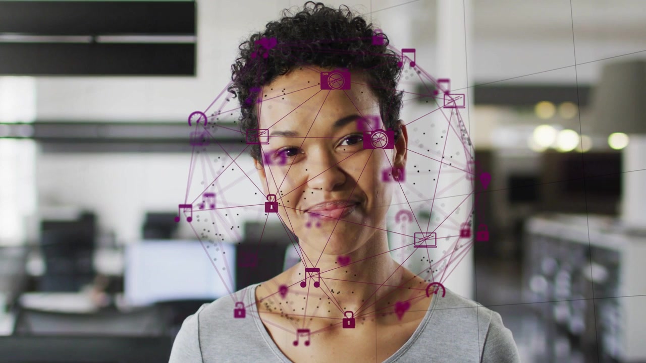 Woman gazing at camera, magenta network forming on face and chest, showing AR tech for designers