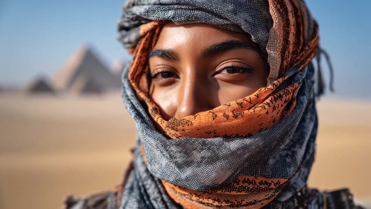 Primer plano cinematográfico de una joven viajera con un pañuelo tradicional en un desierto arenoso, con pirámides antiguas suavemente difuminadas al fondo, concepto de viaje y cultura.