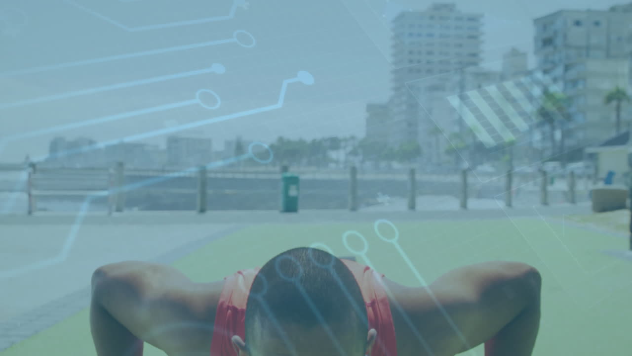 Exercising outdoors, man with digital circuit overlay animation in background