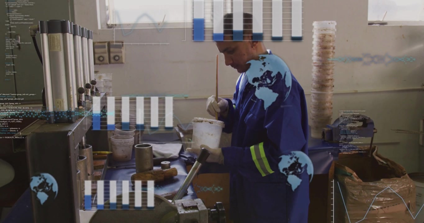Un tecnico che inizia a mescolare e applica pasta sul metallo in officina, con grafici a barre e icone del globo sovrapposti al lavoratore.