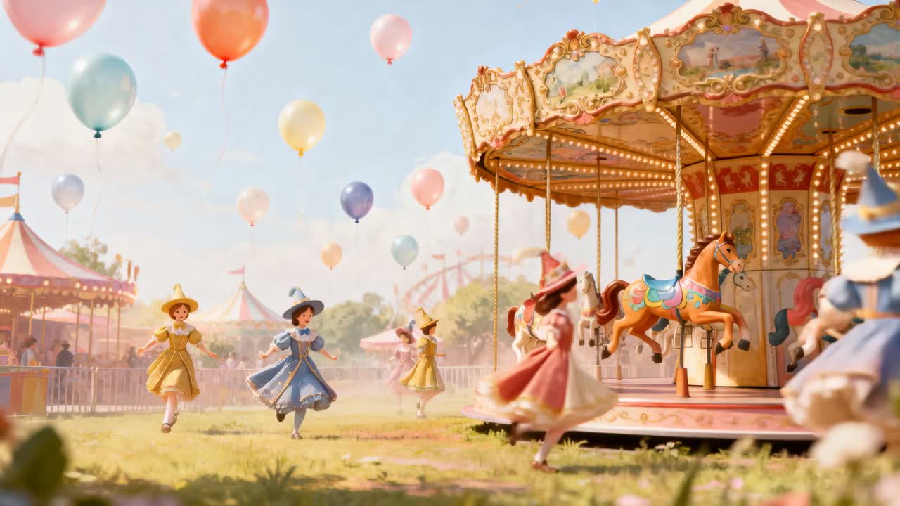 Skipping kids in pastel dresses, pointy hats spotting carousel at fair, circling horses, balloons