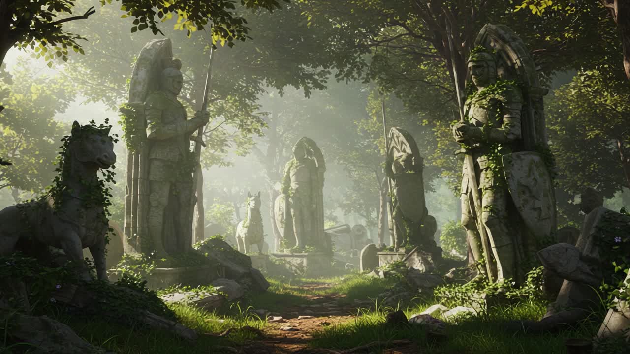 Mysterious Ruins: Ancient Stone Statues Surrounded by Lush Vegetation in a Mystical Forest Setting, Invoking a Sense of History and Enchantment