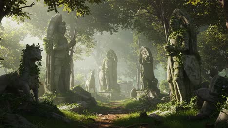 mysterious ruins: ancient stone statues surrounded by lush vegetation in a mystical forest setting, invoking a sense of history and enchantment