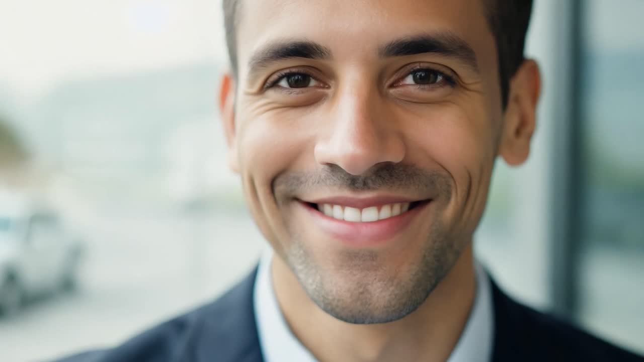 hombre de negocios sonriendo con confianza a la cámara, exhibido en un montaje de seis fotos atractivas que capturan momentos profesionales