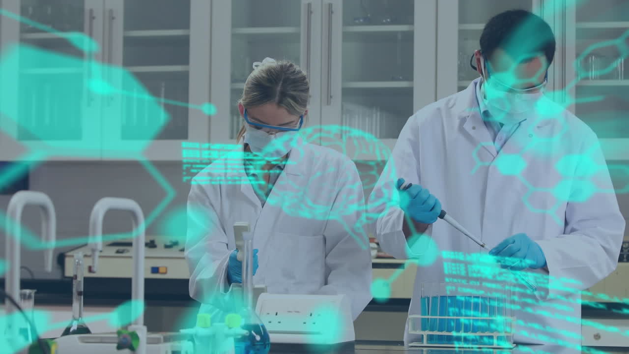 animación del procesamiento de datos, modelo digital del cerebro humano y moléculas sobre médicos que trabajan en el laboratorio