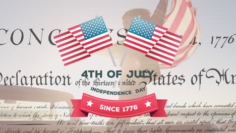 biracial young woman holding us flag with independence declaration and date foreground