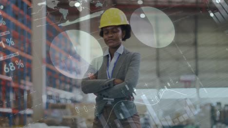 Animation-of-statistics-and-data-processing-over-african-american-woman-working-in-warehouse