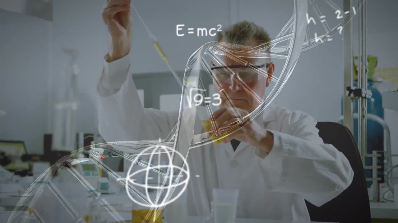 animación de la cadena de adn giratoria y fórmulas matemáticas sobre el científico