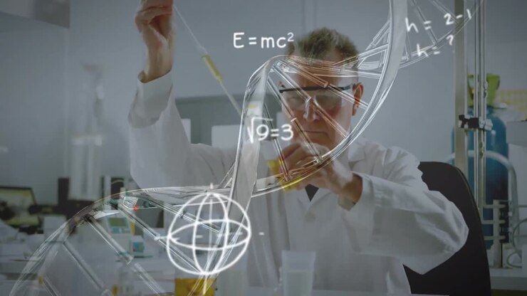 Animation eines sich drehenden DNA-Strangs und mathematischer Formeln über einem Wissenschaftler.