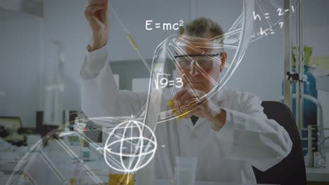 Animation of spinning dna strand and mathematical formulas over scientist