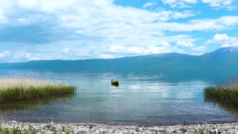 fishing boat coming out on the lake shore