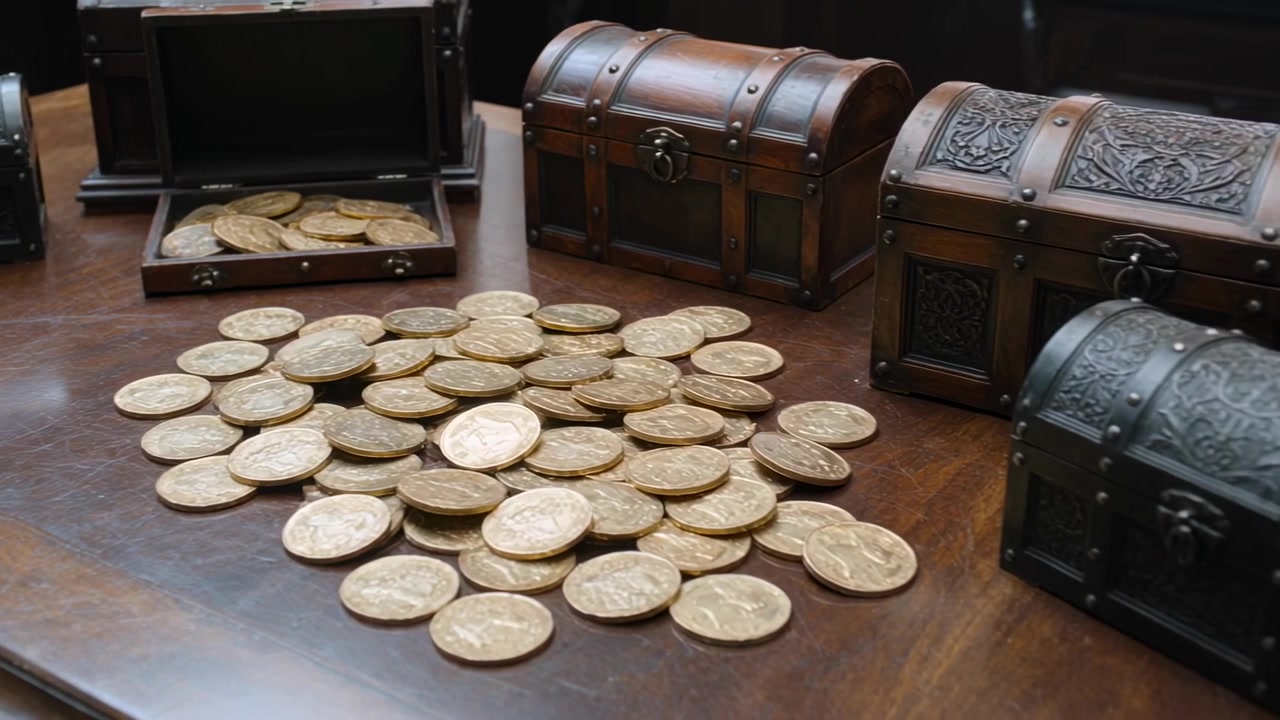 Panning camera revealing pile of gold coins on wooden table, showing open chest plus ornate chests