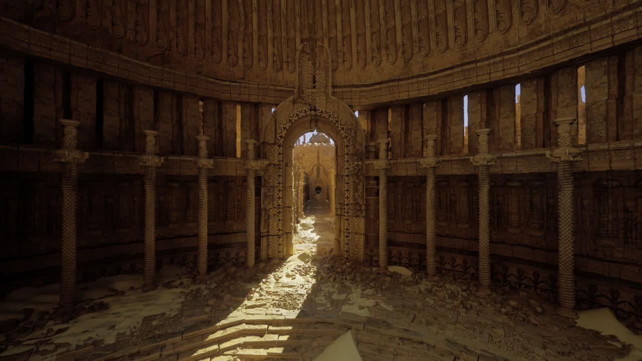 Exploration of an ancient temple showcasing intricate architecture and sunlight