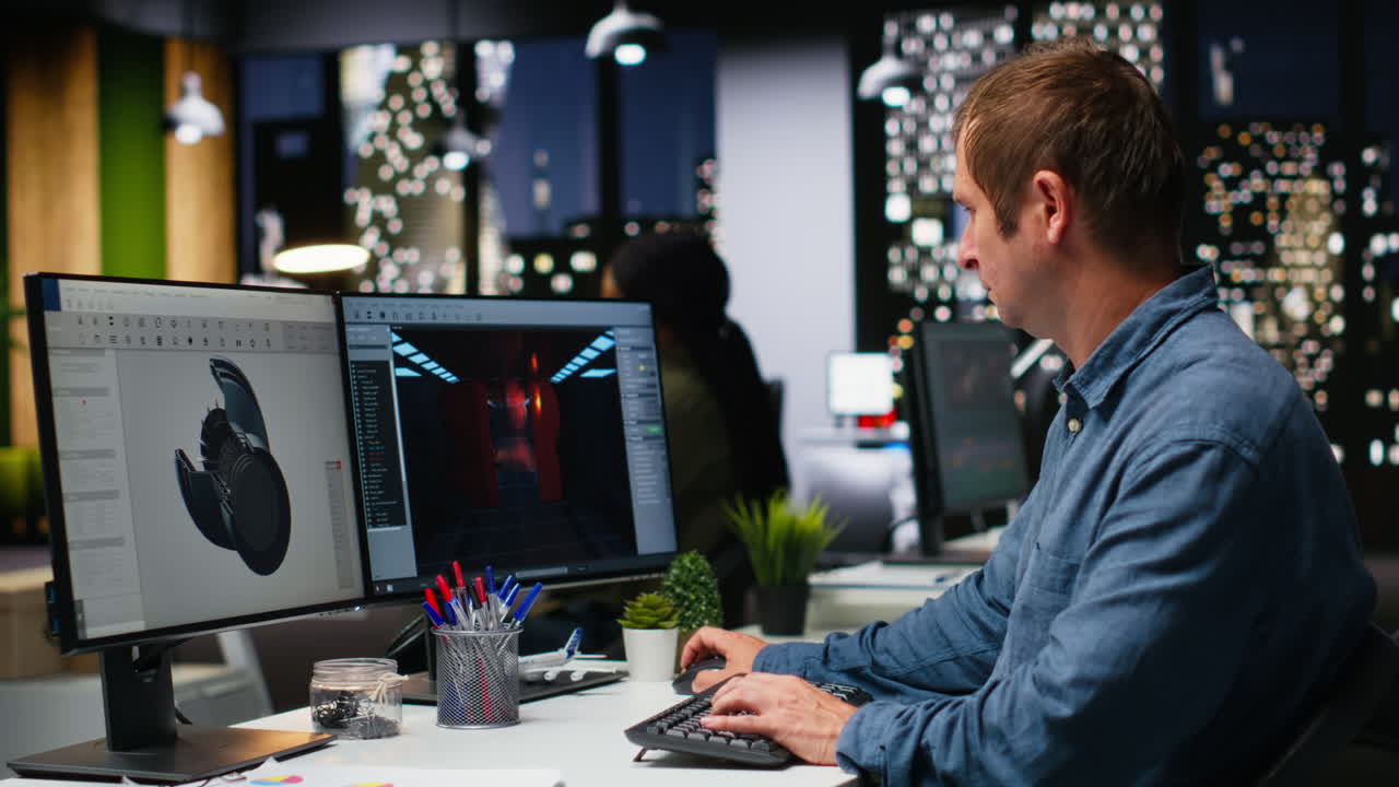 IT engineer checks AI game lobby and turbine to develop a new application