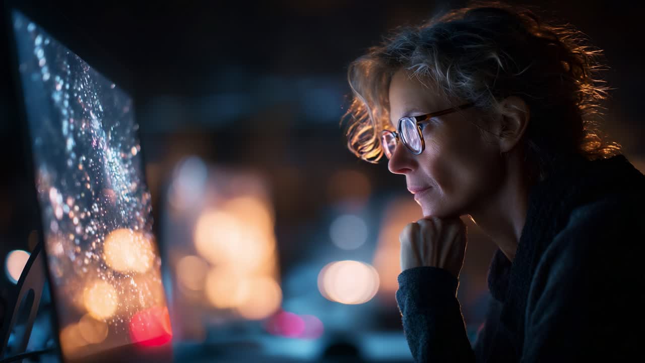 Contemplative Focus on Digital Screen: A Woman Engaged in Thoughtful Observation of Data Visualization with Intense Light Reflections in a Darkened Environment