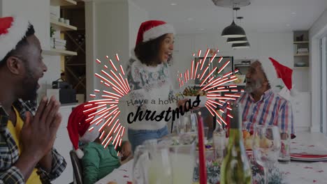 animation of have a holly jolly christmas text over african american family wearing santa hats