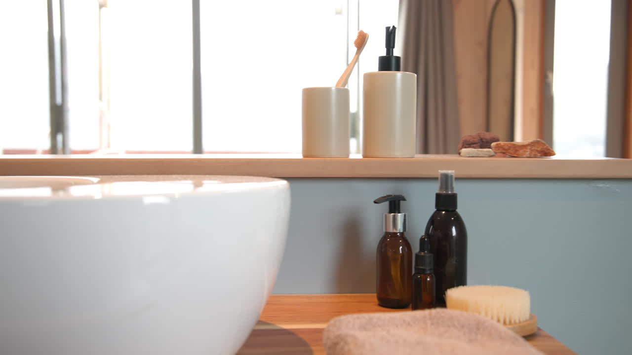 Modern bathroom with natural toiletries and cozy decor, creating relaxing atmosphere, copy space