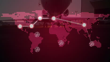 animación de la red de conexiones sobre el mapa del mundo, avión
