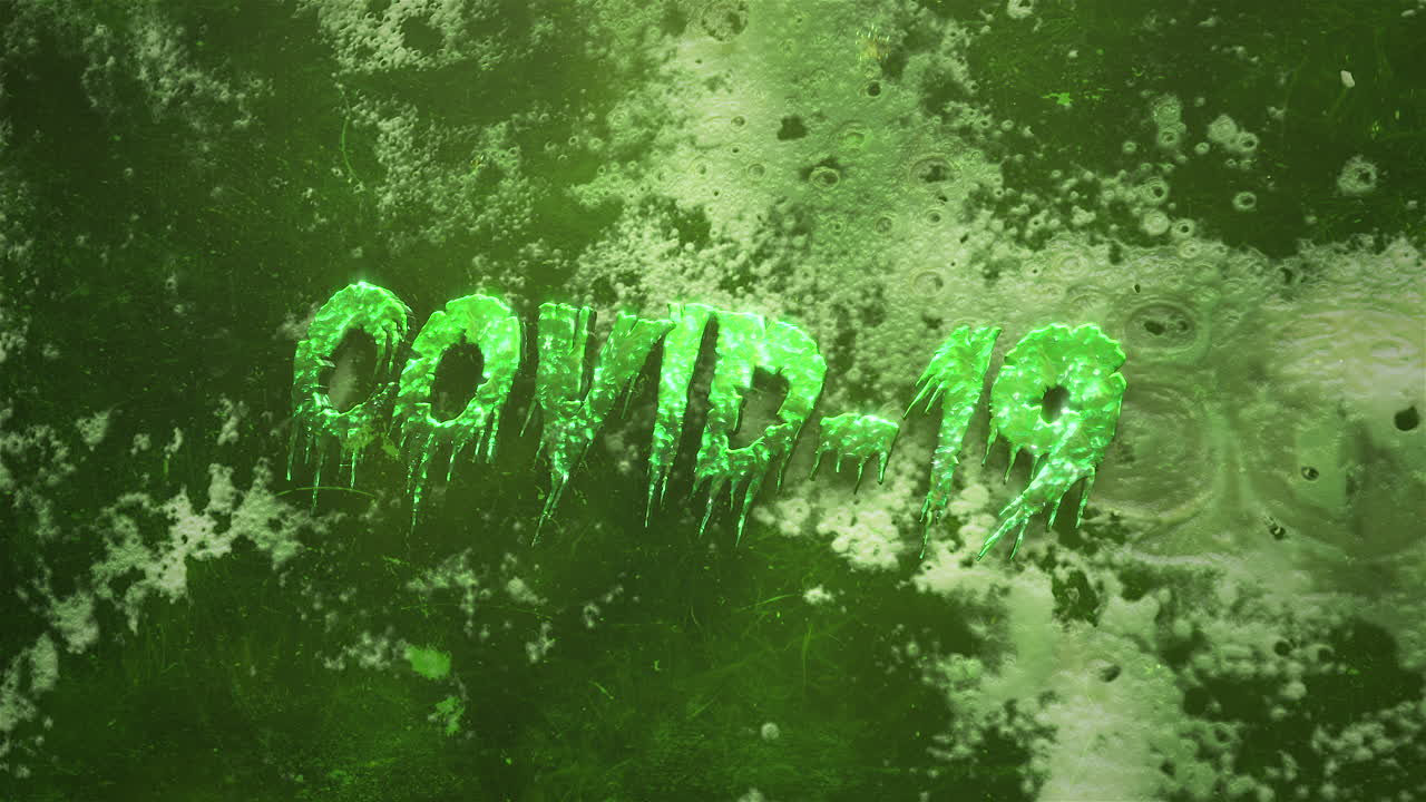 애니메이션 클로즈업 텍스트 covid19 및 어두운 피와 모션 카메라가 있는 신비한 공포 배경