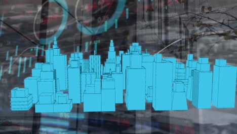 animación de dibujos de ciudades 3d girando y procesamiento de datos sobre el paisaje urbano