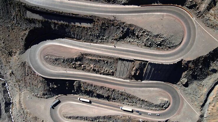 Detailed overhead aerial view of the Cuesta Caracoles road, route between Chile and Argentina