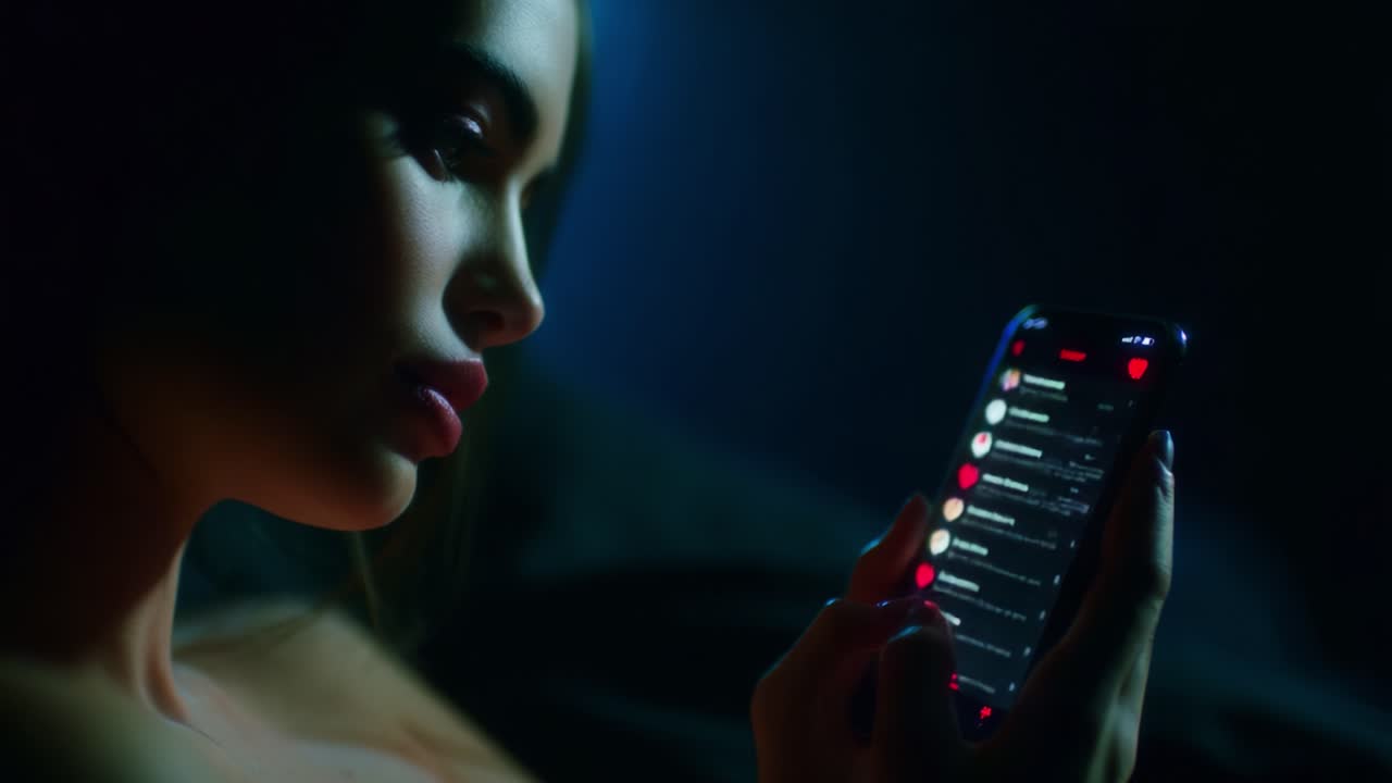Intimate Moments: A Young Woman Engaged with Her Smartphone in a Dimly Lit Room, Capturing the Essence of Modern Connectivity and Reflection