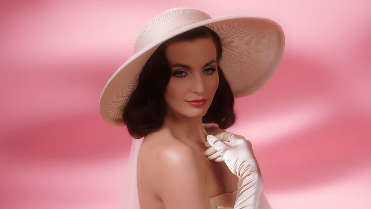 Elegant Woman in Wide-Brim Hat and Gloves Posing on Pink Background