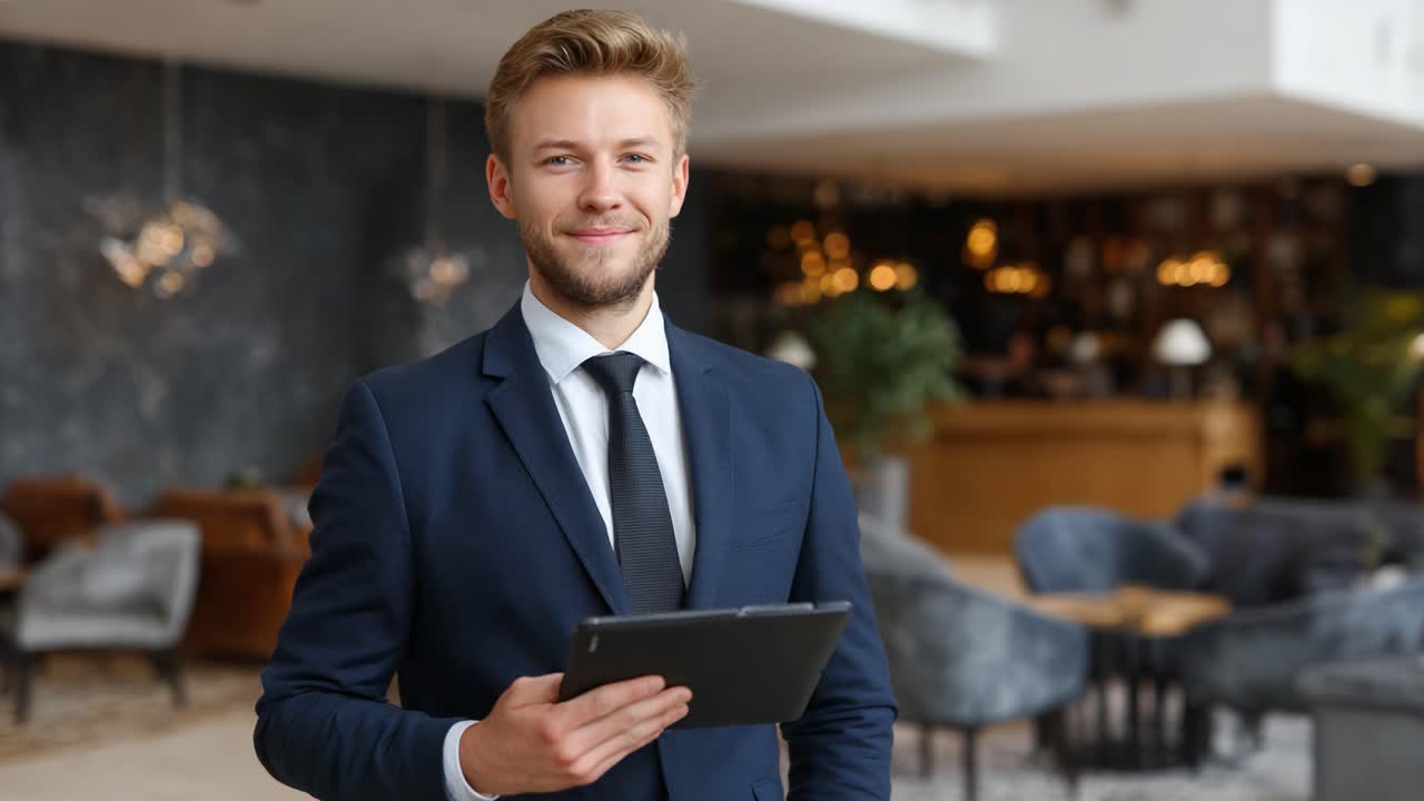A Confident Young Professional in a Smart Suit is Smiling and Holding a Tablet in a Modern Business Environment, Ideal for Corporate and Networking Themes