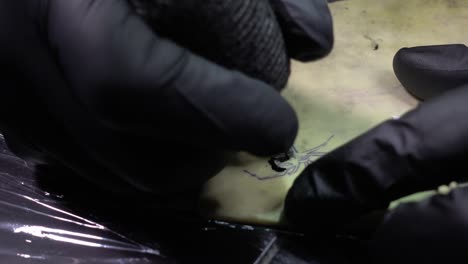 static shot of a tattoo artist working on a design on fake skin practicing using a reference