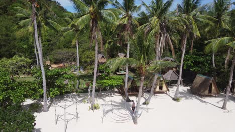 one adult enjoying palm tree hammocks and eco huts on tropical coco beach, coron