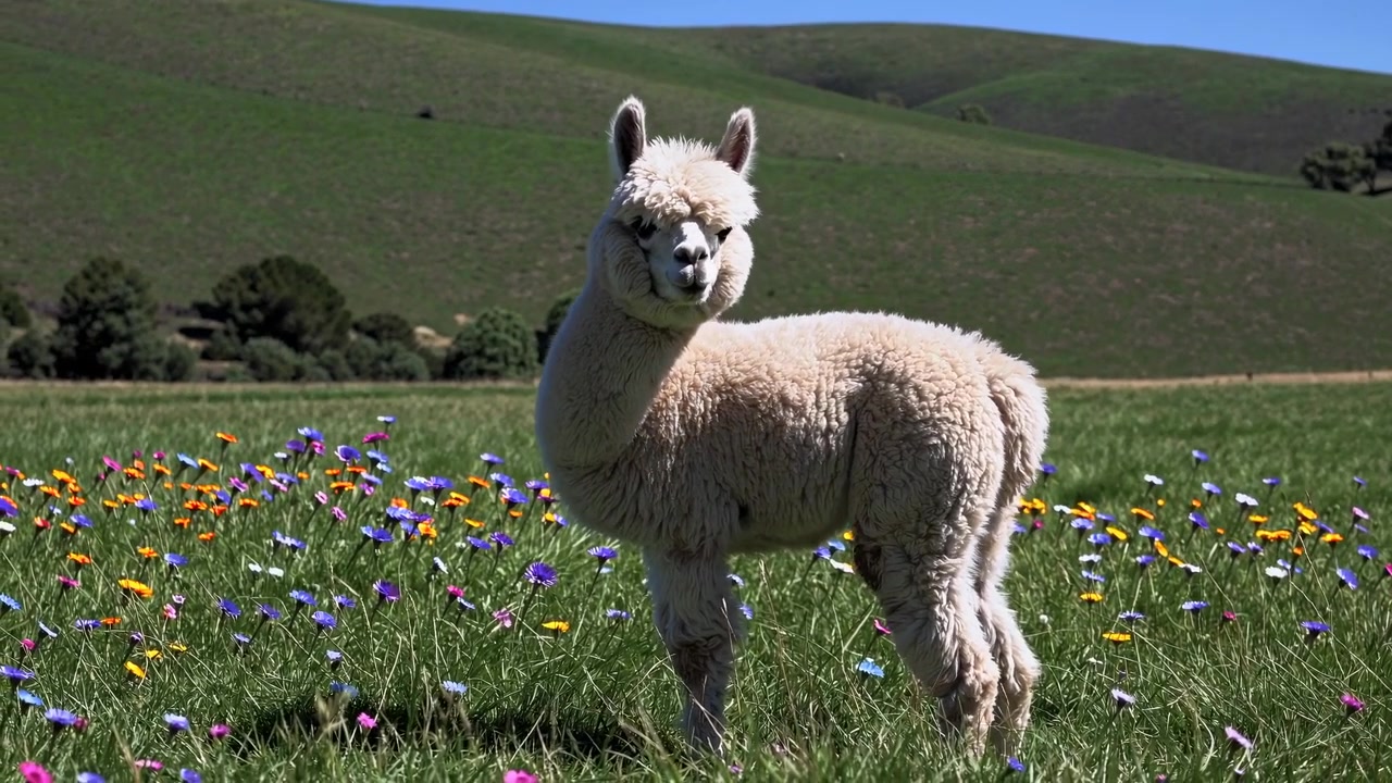 Alpaca Bianco in Piedi in un Prato di Fiori Selvatici