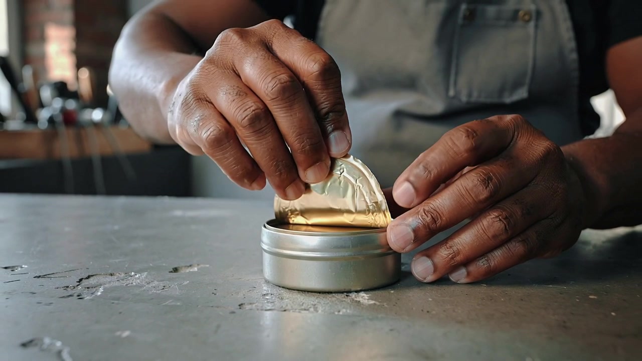 Pressing man in gray apron lifting foil tab from small tin on concrete counter, revealing contents