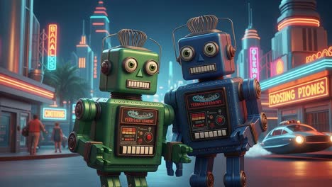 two retro robots stand together under neon lights, capturing a vibrant scene that highlights their playful expressions and unique designs in a dazzling cityscape